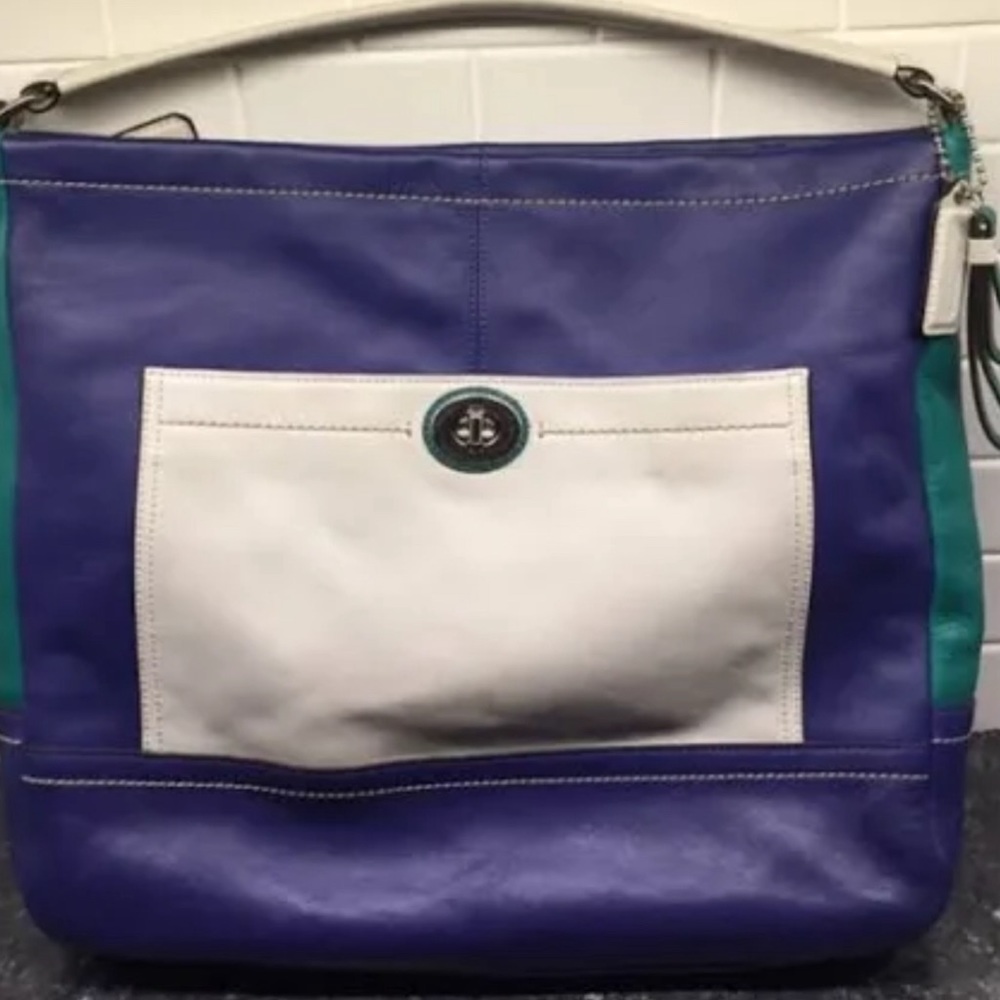 COACH LEATHER TOTE BLUE GREEN